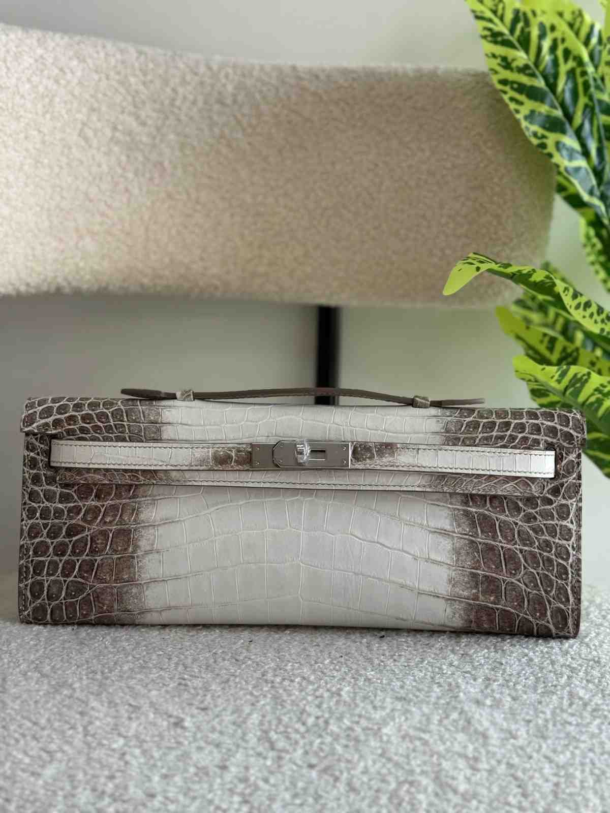 Hermes Kelly Cut Clutch Niloticus Crocodile White Grey