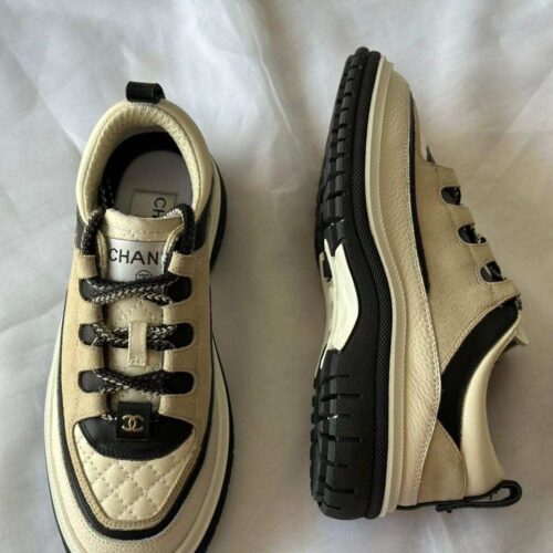 Chanel Sneakers Calfskin Suede Quilted Lace-up Brown