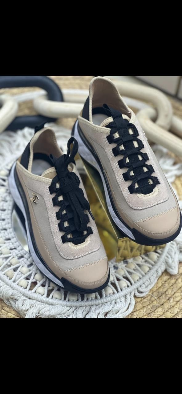 Chanel Sneakers CC Suede Calfskin Mixed Fibers Beige