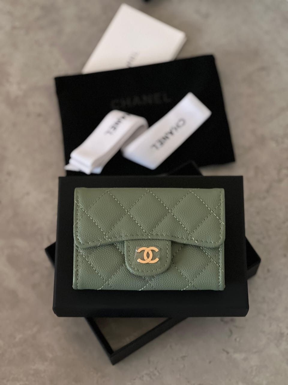 Chanel Flap Card Holder Quilted Caviar Green