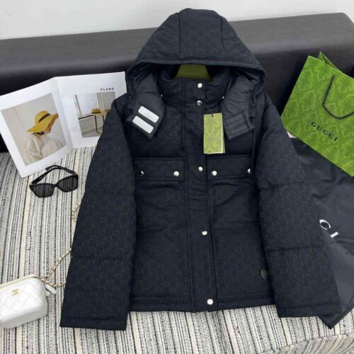GUCCI Puffer Jacket Hooded GG Monogram Black