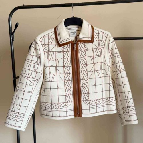 Hermes Cashmere Jacket Embroidered Geometric Patterns White