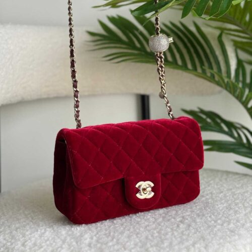 Chanel Velvet Flap Bag Pearl Crush Red