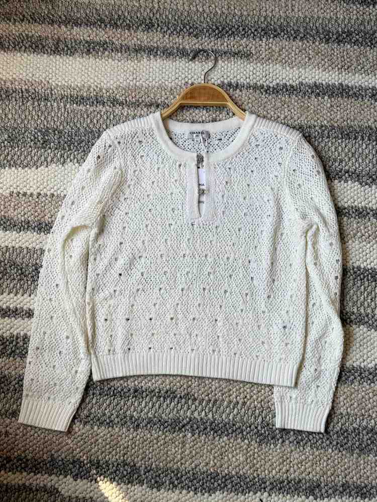 Chanel Sweater Cotton Crochet-Knit Cream