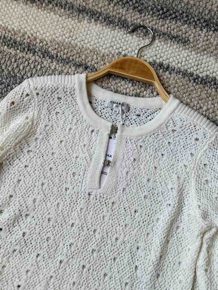 Chanel Sweater Cotton Crochet-Knit Cream