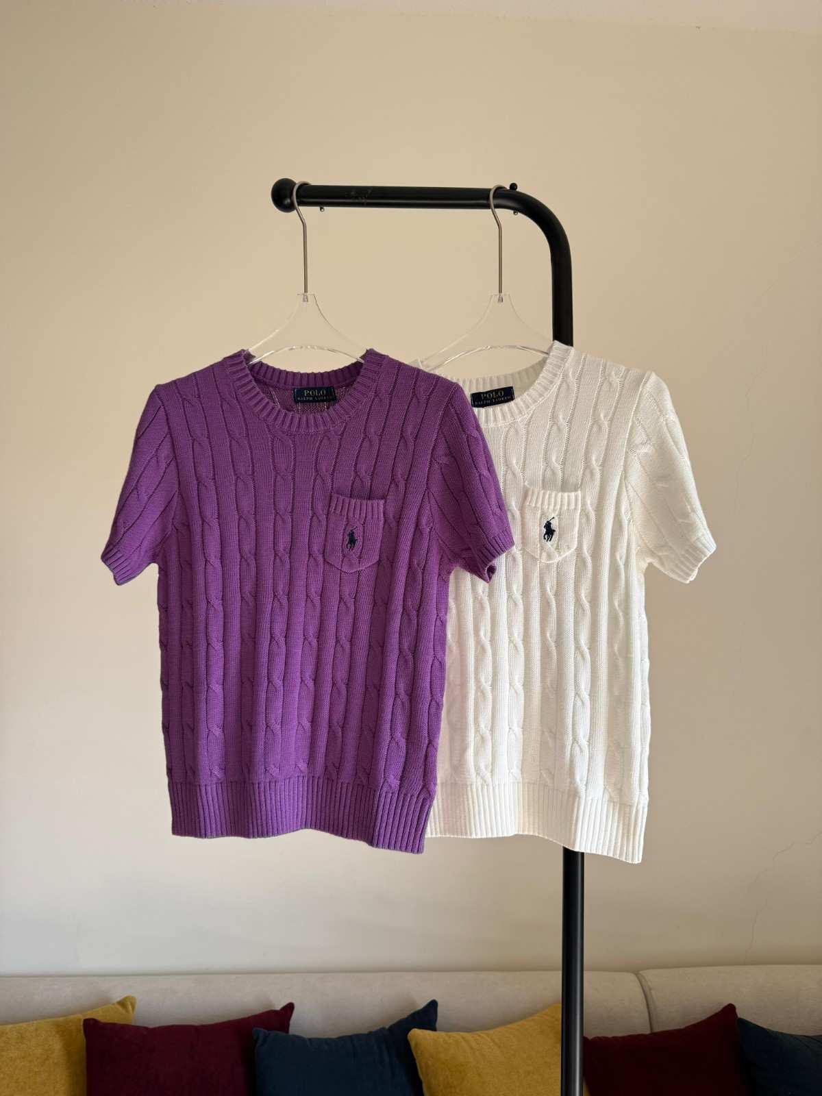 Ralph Lauren Sweater Cable-Knit Short-Sleeve Purple & White