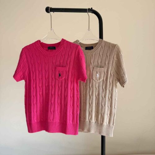 Ralph Lauren Sweater Cable-Knit Short-Sleeve Pink & Brown