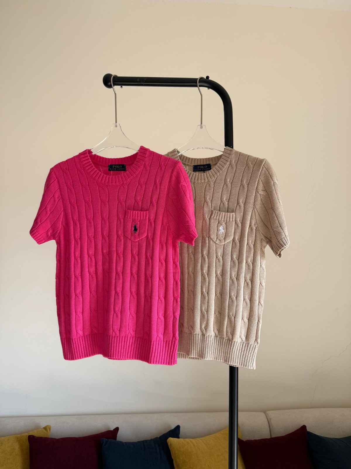 Ralph Lauren Sweater Cable-Knit Short-Sleeve Pink & Brown
