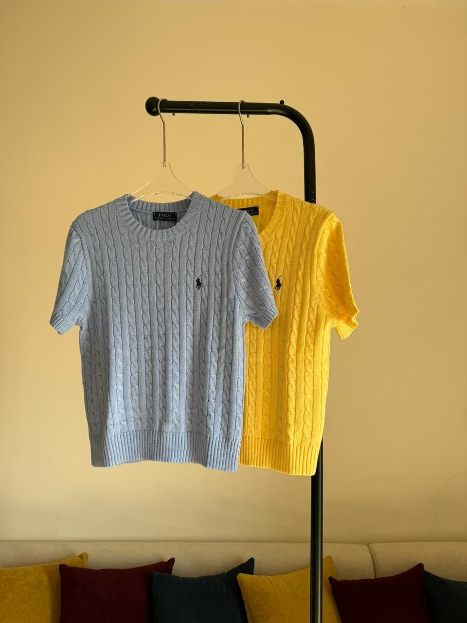 Ralph Lauren Sweater Cable-Knit Short-Sleeve Grey & Yellow
