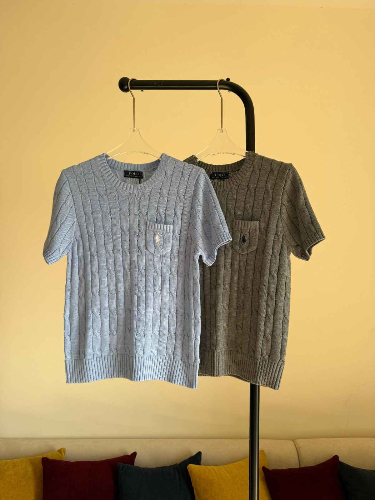 Ralph Lauren Sweater Cable-Knit Short-Sleeve Grey