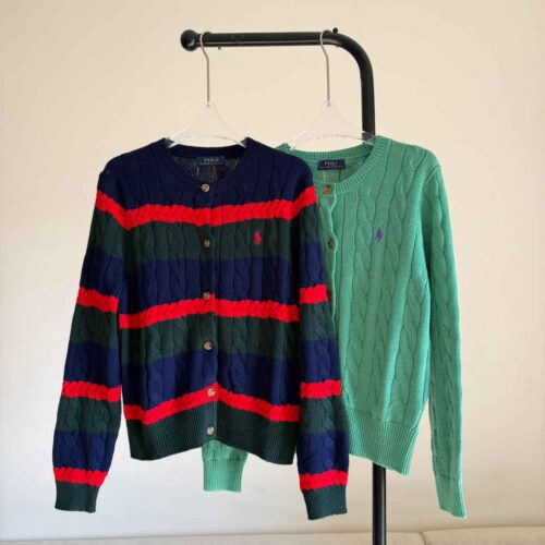 Ralph Lauren Cardigan Cable Knit Cotton Bule & Green