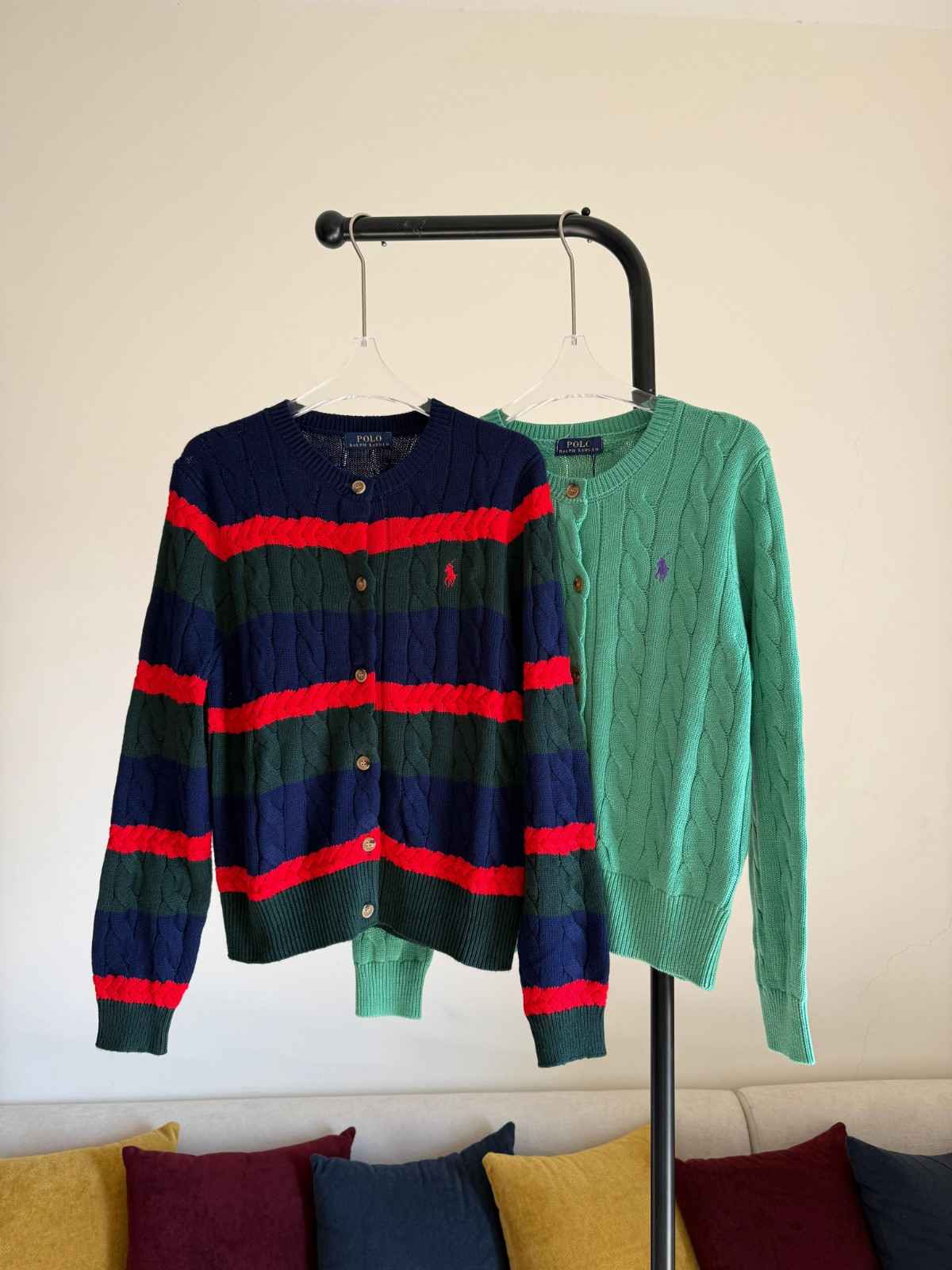 Ralph Lauren Cardigan Cable Knit Cotton Bule & Green