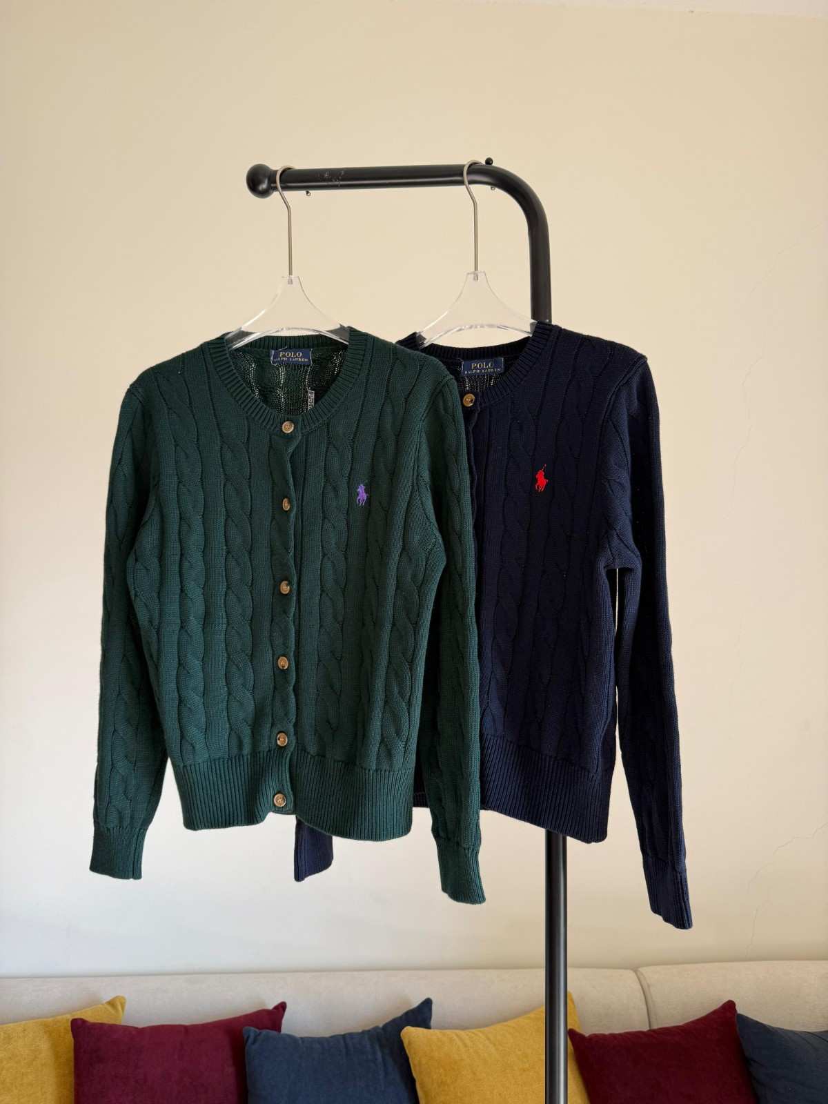 Ralph Lauren Cardigan Cable Knit Cotton Green & Black