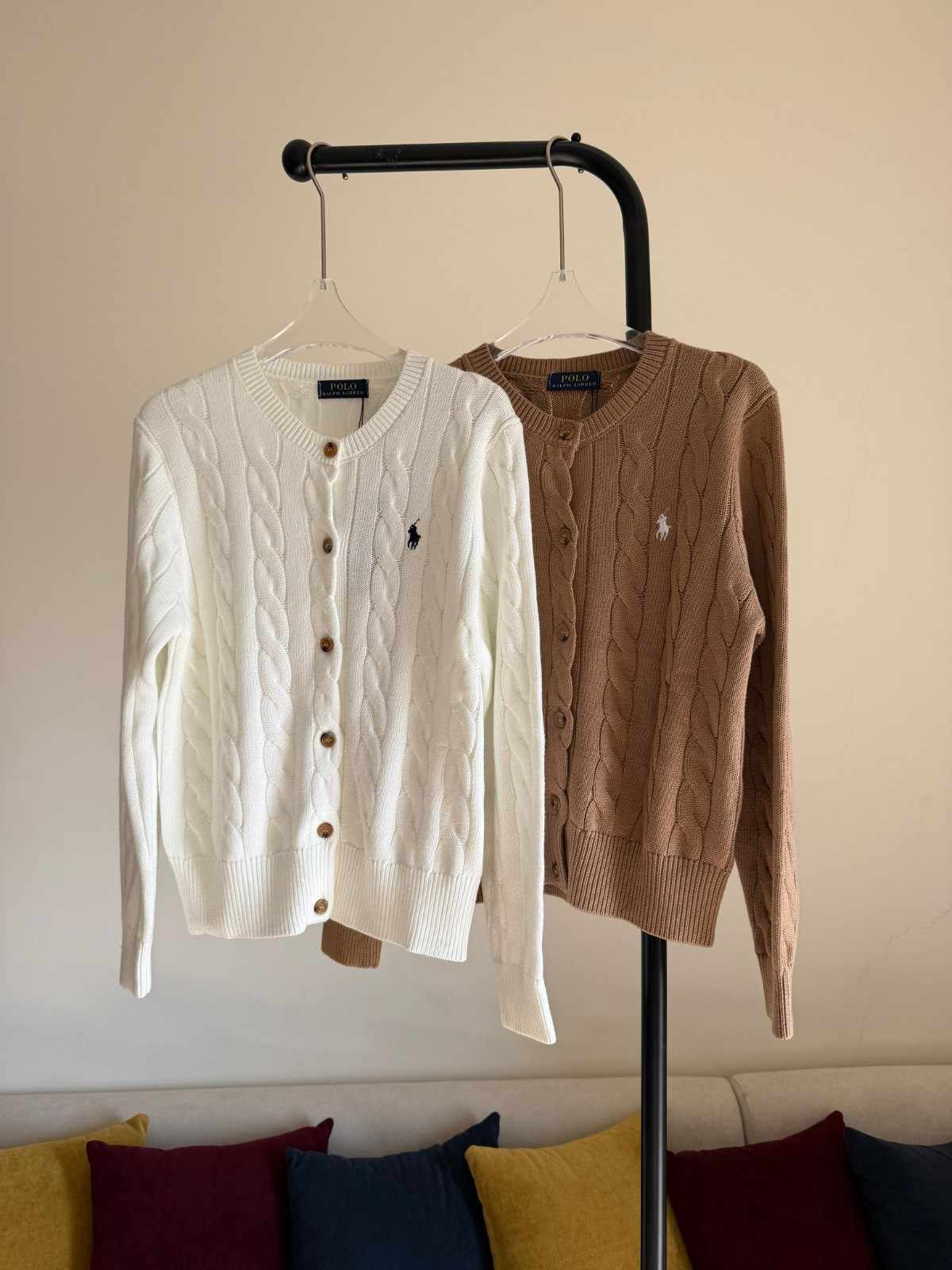 Ralph Lauren Cardigan Cable Knit Cotton White & Brown