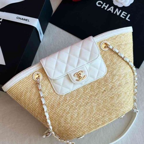 CHANEL Tote Bag Braided Straw Lambskin Brown White