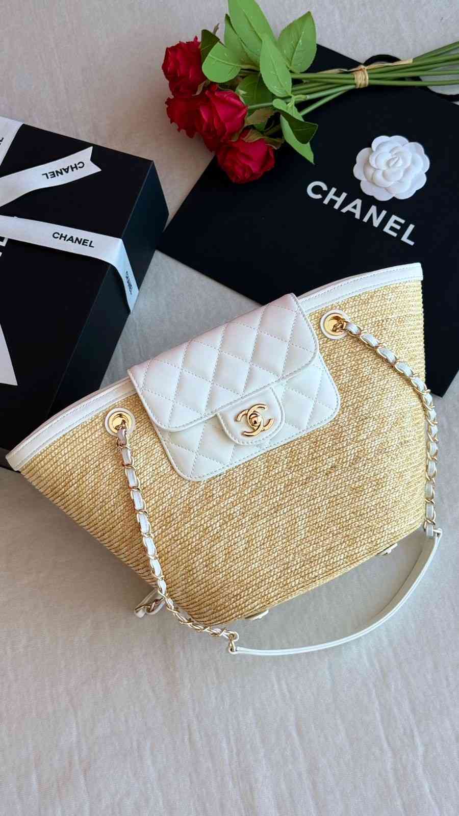 CHANEL Tote Bag Braided Straw Lambskin Brown White