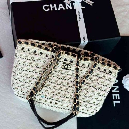 Chanel Shopping Tote Bag Cotton Crochet Beige