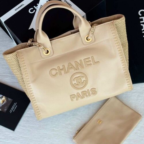 Chanel Deauville Tote Bag Calfskin Crochet Knit Beige