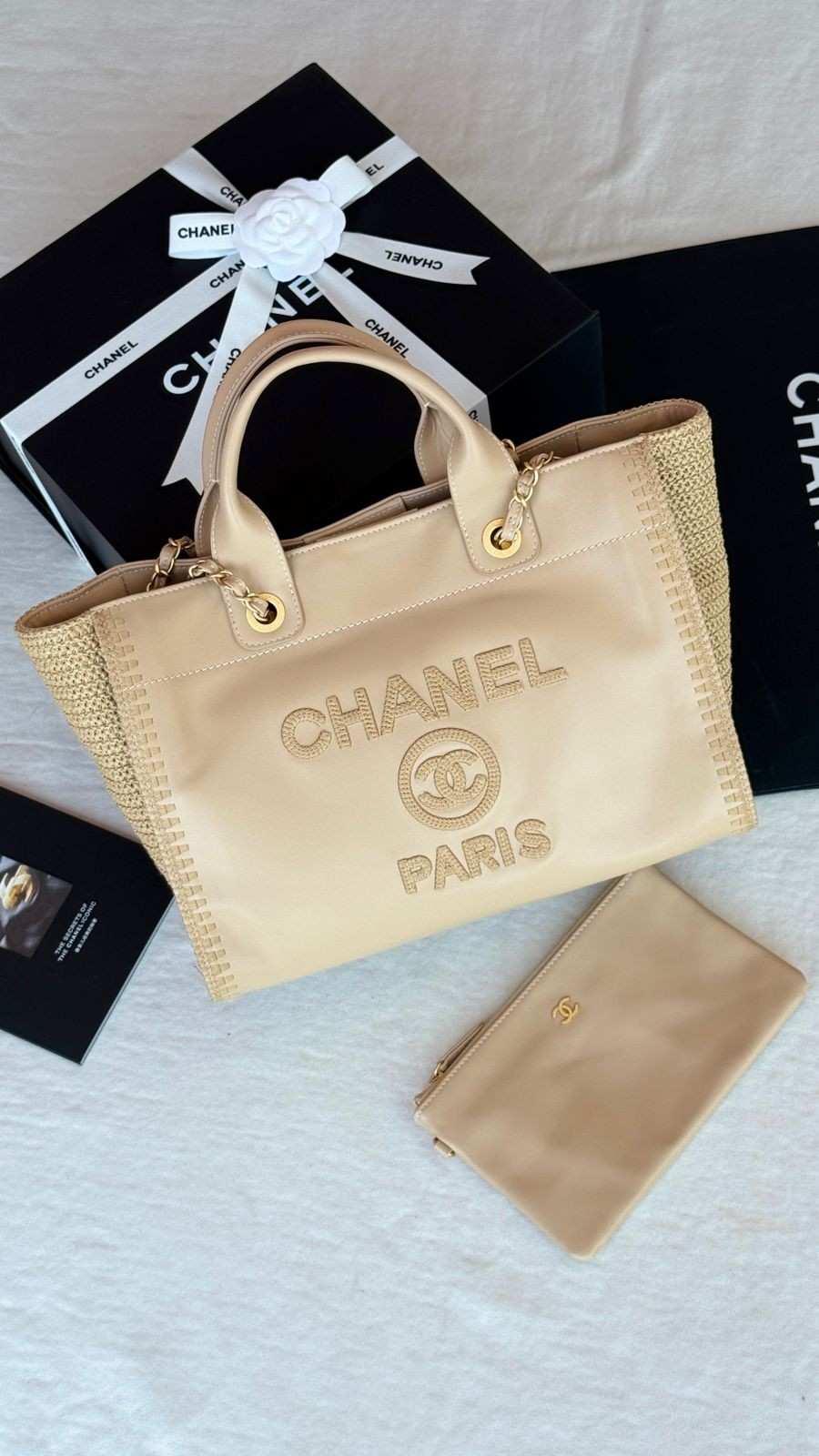 Chanel Deauville Tote Bag Calfskin Crochet Knit Beige