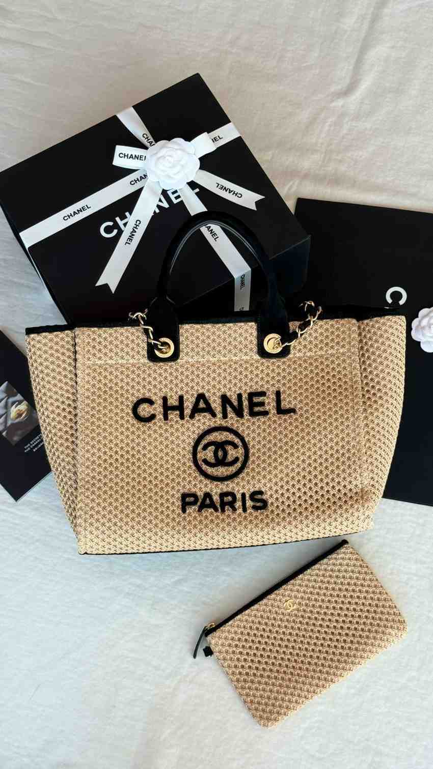 Chanel Deauville Tote Bag Calfskin Crochet Knit Brown